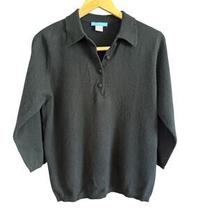 WHITE + WARREN | Black Cashmere Polo Sweater | Extra Large
